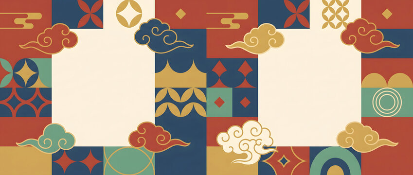 Chinese traditional style decorative background with cloud motifs and geometric patterns in retro flat design