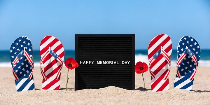 Happy Memorial Day Sign with American Flags on Beach Representing Patriotic Holiday Celebration and Summer Tribute Concept