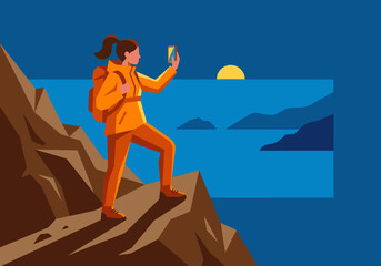 Fototapeta premium A hiker captures a stunning sea horizon with a smartphone. Vibrant colors and a dramatic landscape create a captivating image for travel and outdoor themes.