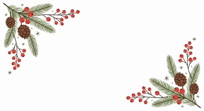 Festive corner borders with pine sprigs, pinecones, and red berries