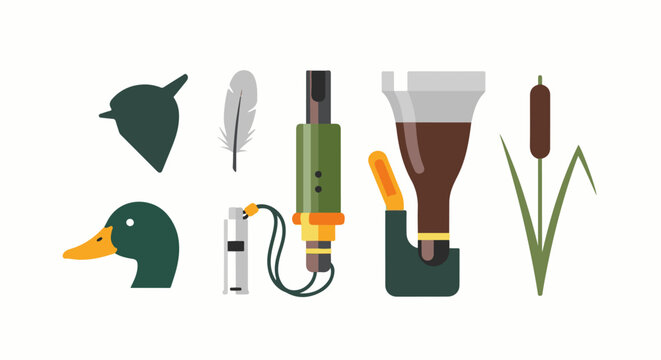 Flat design elements duck head, feather, calls, pipe, reeds, and bird silhouette