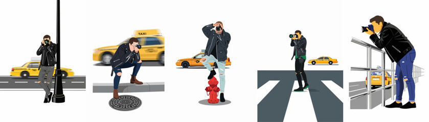 Illustrations of a male street photographer in a leather jacket capturing various urban scenes in New York City with iconic yellow taxis and landmarks. © Kha