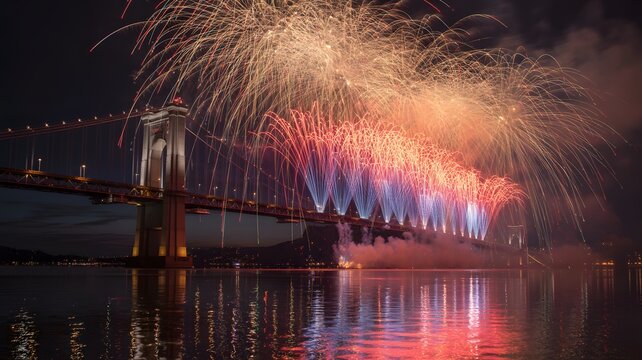 Spectacular Fireworks Display Over Bridge Reflecting Colorful Lights On Calm Water At Night