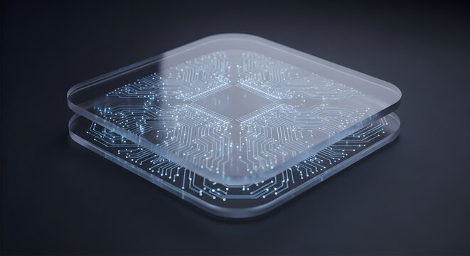 Perspective view of transparent glass computer processor chip featuring intricate illuminated circuitry on reflective dark tabletop, concept of advanced nanotechnology, optical semiconductor hardware