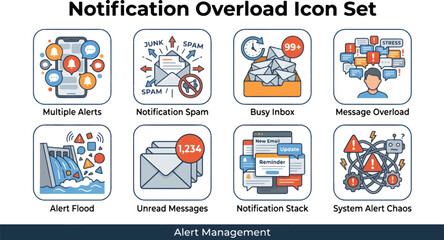 Fototapeta premium Overload Icon Set – Alert Management, Busy Inbox, Message Chaos Vector Collection