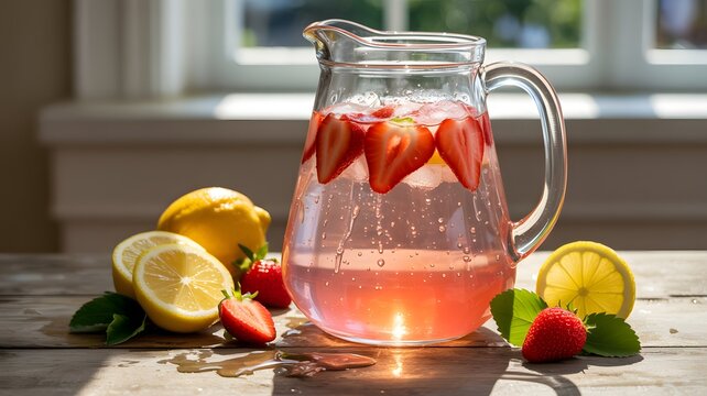 Fresh homemade strawberry lemon infused water pitcher with sliced fruit on wooden surface in sunlight
