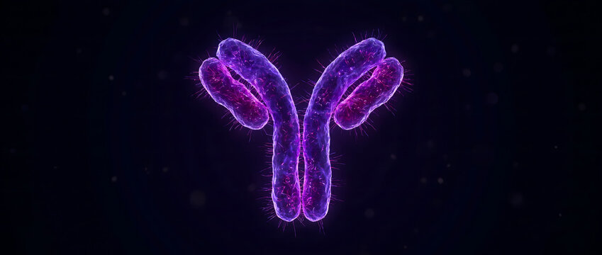 Purple fluorescent Y-shaped antibody structure under microscopic imaging