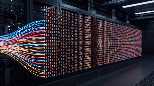 Server room with glowing binary code and fiber optic cables, digital data stream concept, high tech network infrastructure background, big data processing visualization,