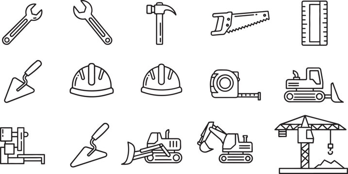 Construction and building tools icon set featuring heavy machinery equipment and manual hardware instruments in a simple line style
