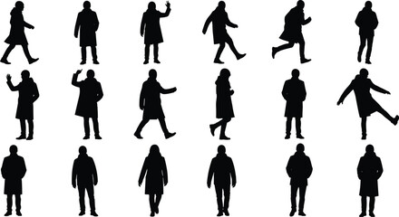 Obraz premium People silhouettes in winter clothing various poses, walking standing gestures, urban pedestrians collection, cold weather fashion, human figures isolated, lifestyle activity illustration set