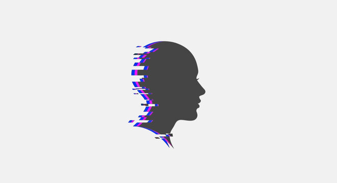 Glitchy digital human head silhouette profile.
