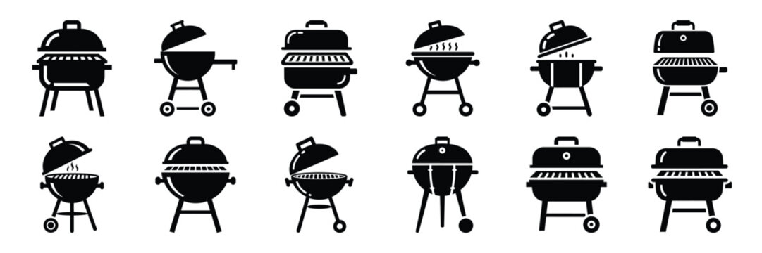 Summer beach icon set with barbecue grill 12 black silhouette icons.