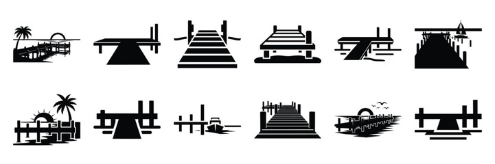 Summer beach icon set with beach dock 12 black silhouette icons. © KartikChandro