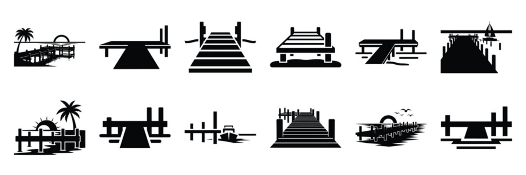 Summer beach icon set with beach dock 12 black silhouette icons.