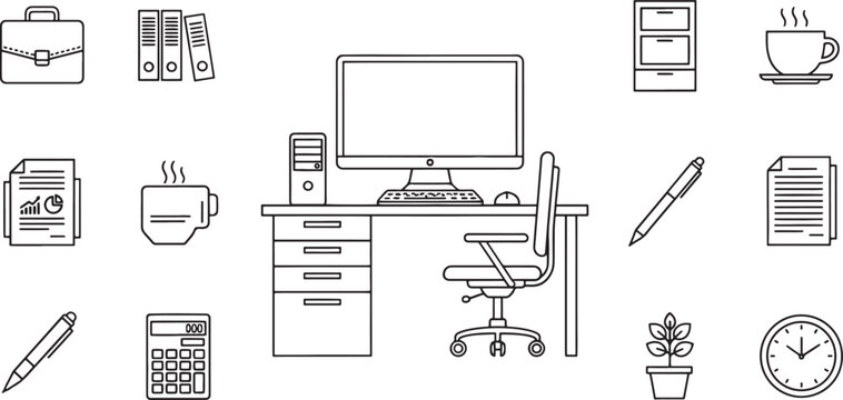 Office workspace desk setup with computer and business stationery icons set in a simple black and white line style