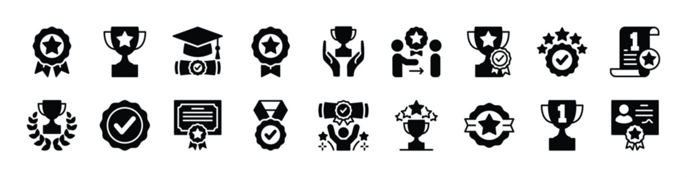 Awards icon vector set. Contains trophy cup, winner medal, reward, badge, prize, ribbon, certificate, first, laurel, graduation cap, champion, star, best quality, achievement, success - illustration