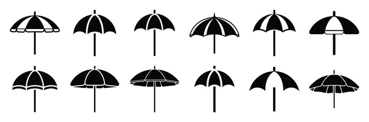 Obraz premium Summer beach icon set with beach umbrella 12 black silhouette icons.