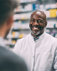 Obraz premium A friendly pharmacist smiling and talking with a customer in a modern pharmacy setting.