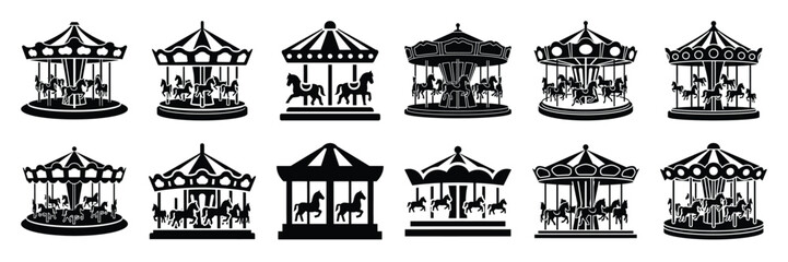 Summer beach icon set with carousel 12 black silhouette icons. © KartikChandro