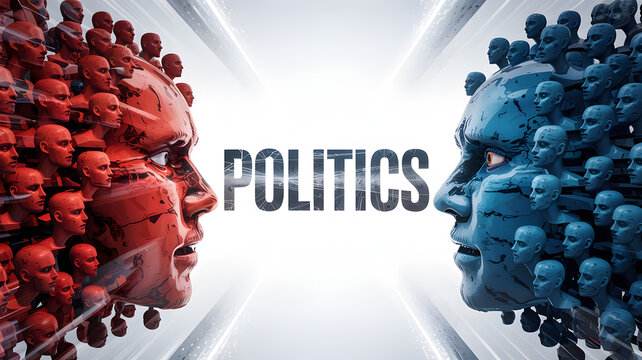 Two opposing heads facing each other with crowd faces representing politics and division