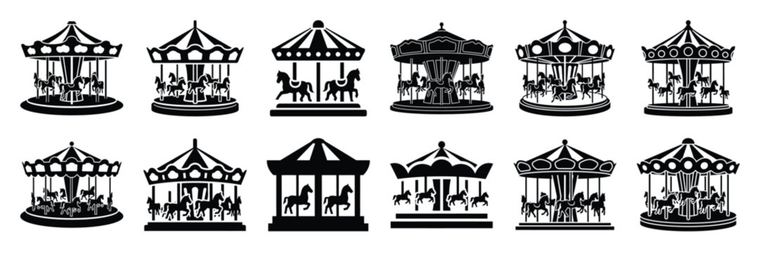 Summer beach icon set with carousel 12 black silhouette icons.