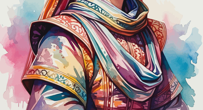 Vibrant illustration of a person wearing colorful clothing and scarf.