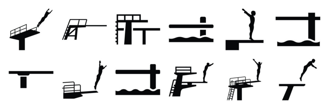 Summer beach icon set with diving board 12 black silhouette icons.