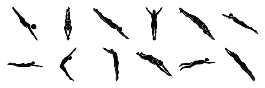 Summer beach icon set with diving person 12 black silhouette icons.