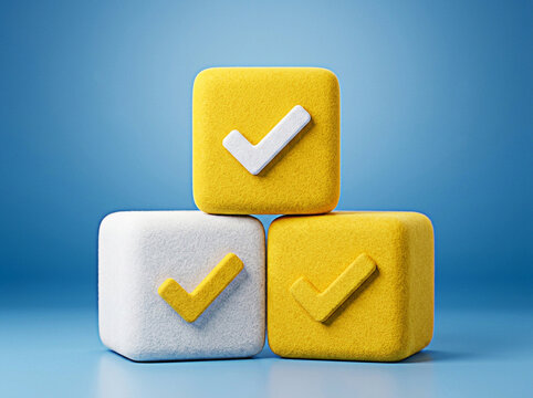 Three textured cubes stacked together featuring white and yellow check marks on a blue background