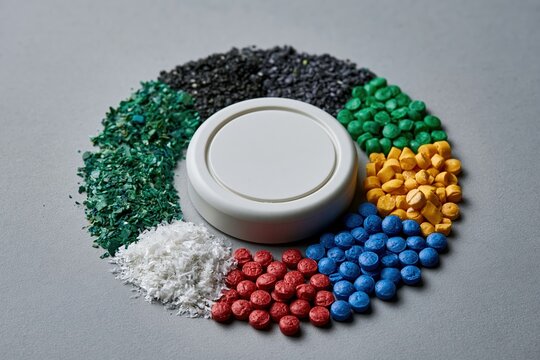 Circular arrangement of recycled plastic flakes, pellets, and blank product sample