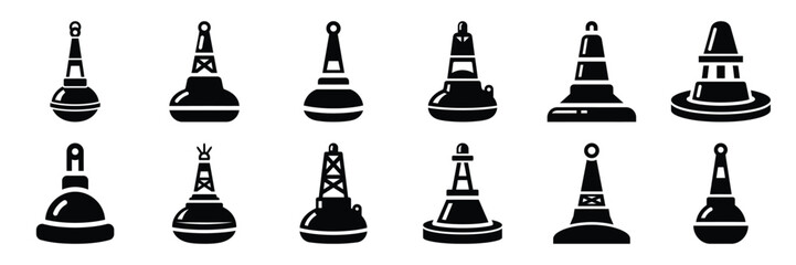 Summer beach icon set with floating buoy 12 black silhouette icons. © KartikChandro
