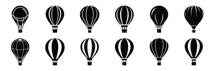 Fototapeta premium Summer beach icon set with flying balloon 12 black silhouette icons.
