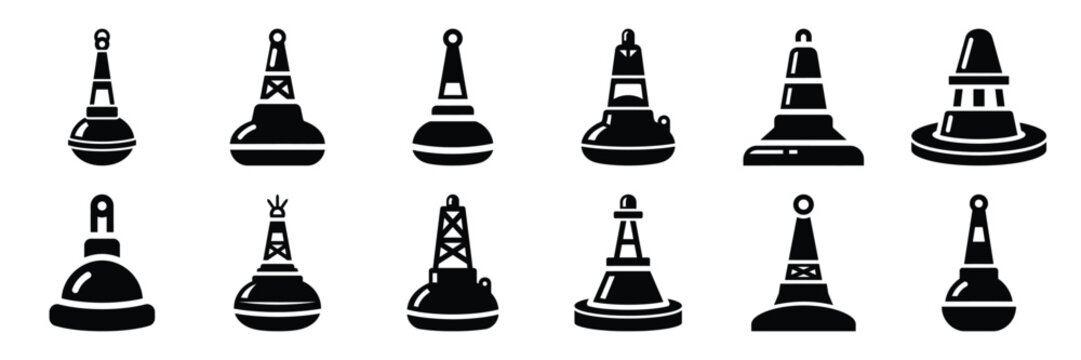 Summer beach icon set with floating buoy 12 black silhouette icons.