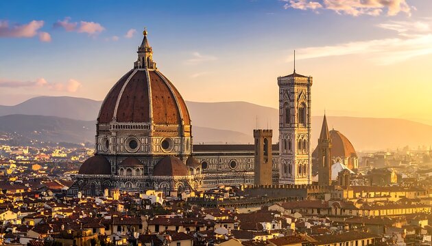 Sunrise bathes Florence's Duomo and Giotto's Campanile, casting a warm glow over the cityscape, with distant hills in the background