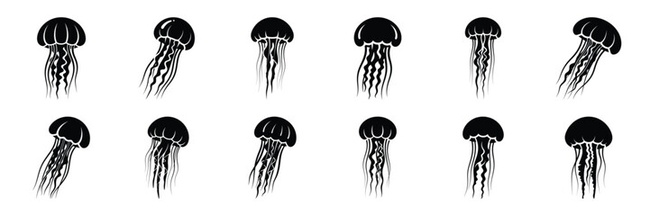 Summer beach icon set with jellyfish 12 black silhouette icons. © KartikChandro