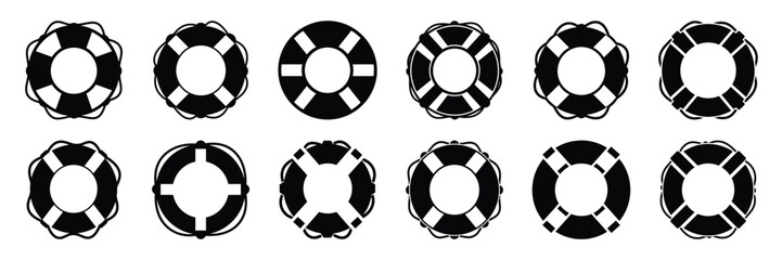 Naklejka premium Summer beach icon set with lifebuoy 12 black silhouette icons.