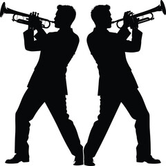 Silhouette of Two Professional Musicians Playing Trumpets Standing Back to Back for Jazz Concert Performance Music Festival Branding and Creative Artistic Graphic Design © Arifuxxaman