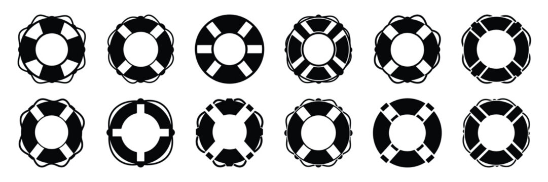 Summer beach icon set with lifebuoy 12 black silhouette icons.