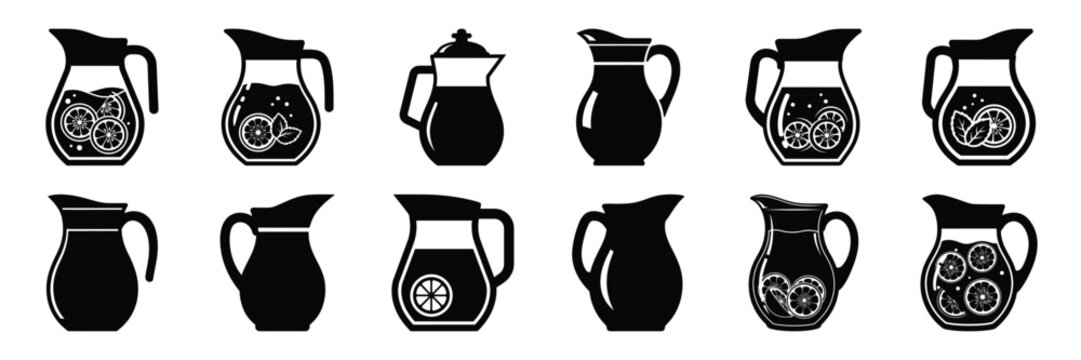 Summer beach icon set with lemonade pitcher 12 black silhouette icons.