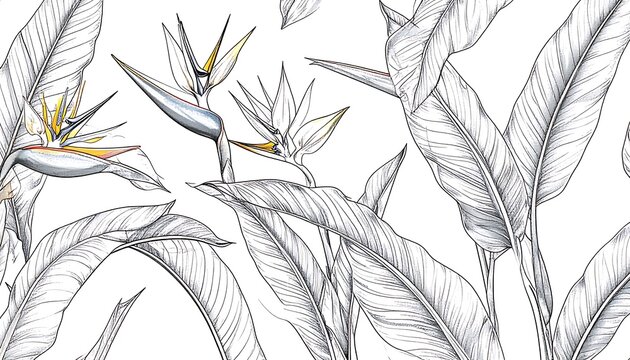 Seamless pattern of bird of paradise flowers and tropical leaves, sketched in black and white with subtle yellow accents, ideal for fabric and wallpaper designs