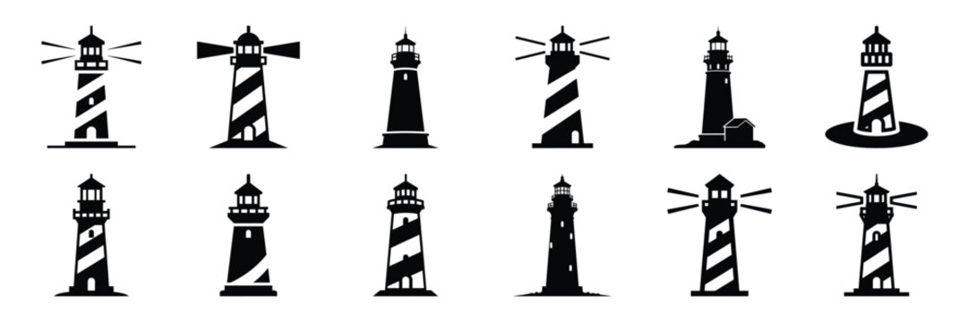 Summer beach icon set with lighthouse 12 black silhouette icons.