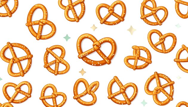 Seamless pattern of crunchy baked pretzels with sesame seeds, isolated on a white background, savory snack food, bakery or cafe decoration