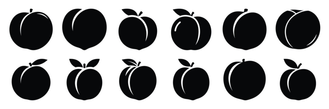 Summer beach icon set with peach 12 black silhouette icons.