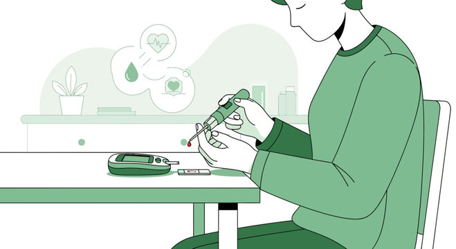 Person using glucose meter for diabetes blood sugar test at home, health monitoring