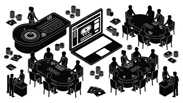 Isometric view of casino environment with people playing cards and betting at game tables.