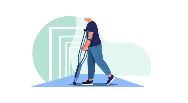 Person with crutches walking, recovery, rehabilitation, mobility aid, injury support