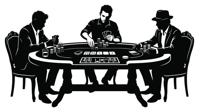 Group of three professional poker players sitting around green felt table playing games.