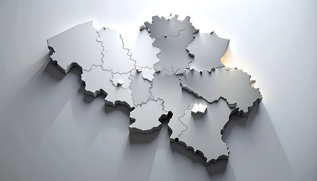 Silver 3D map of Belgium divided into provinces with a metallic sheen and soft shadows, ideal for travel or geopolitical concepts