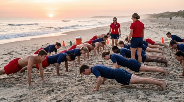 Group of lifeguards in red and blue uniforms doing pushups on a beach at sunset