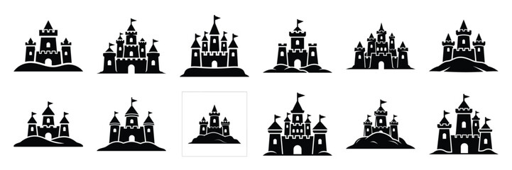Obraz premium Summer beach icon set with sandcastle 12 black silhouette icons.
